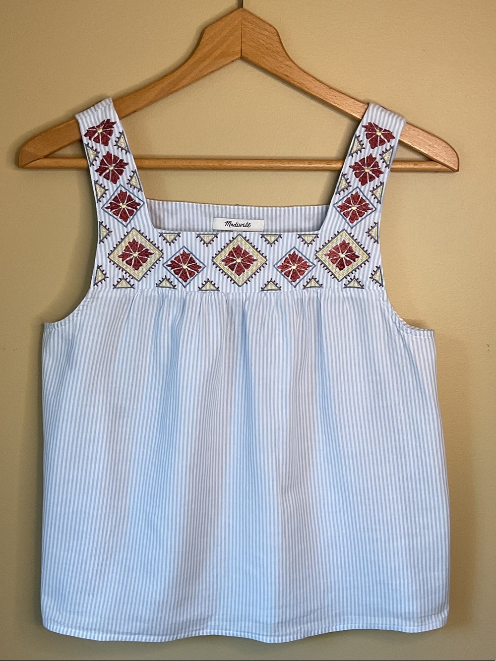 Madewell Blue and White Stripe Island Tank Embroidered Yoke size S